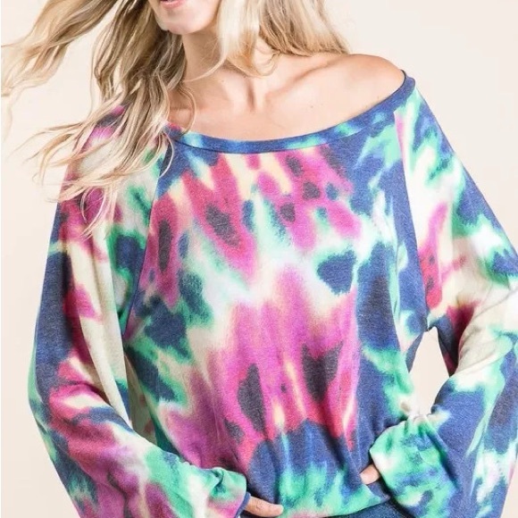 BiBi Tie Dye Print Terry Top with Puff Sleeves - Picture 10 of 10